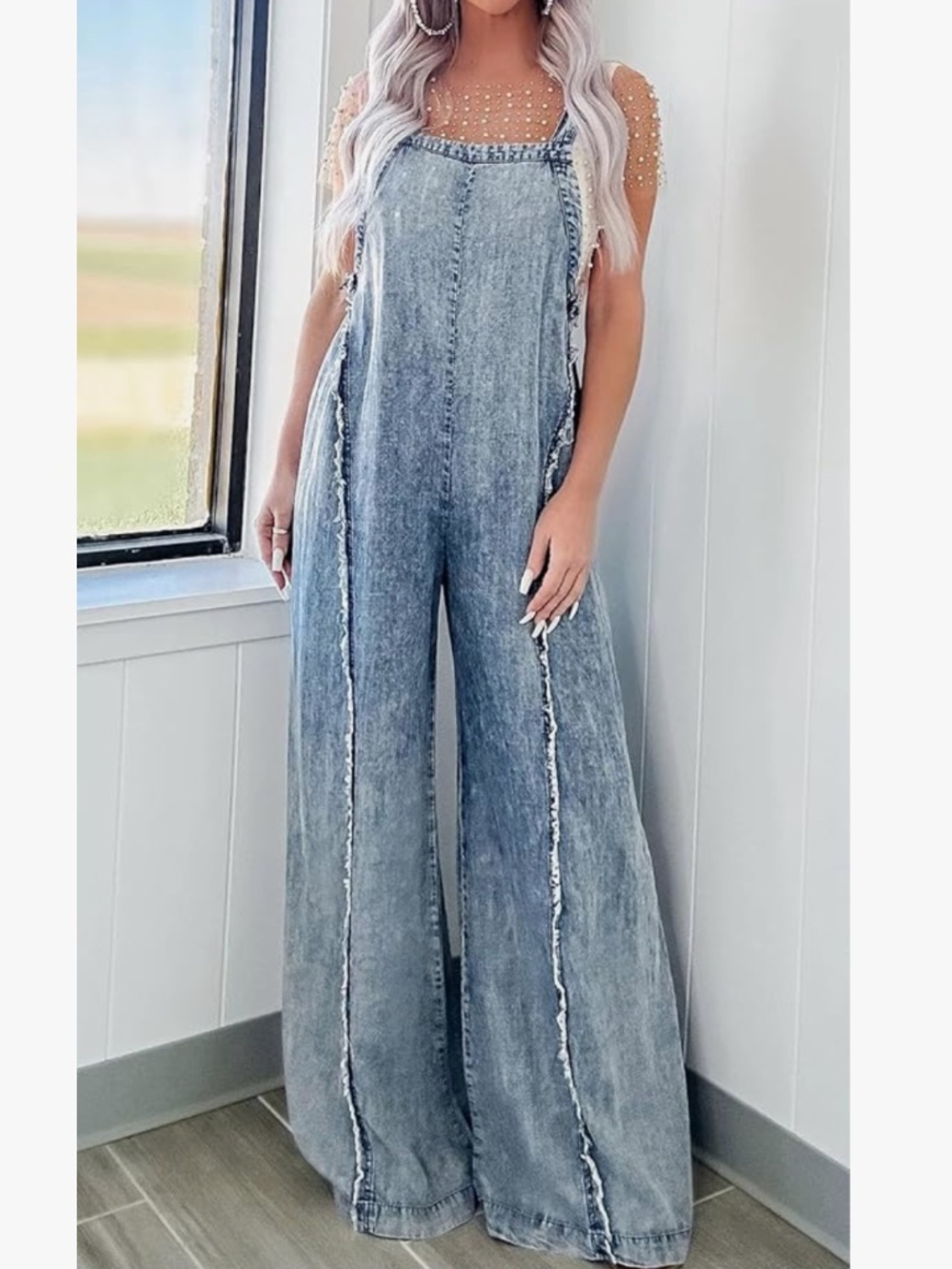 Women’s Wide-Leg Denim Overalls - Light Wash Blue Effortless wide-leg denim over